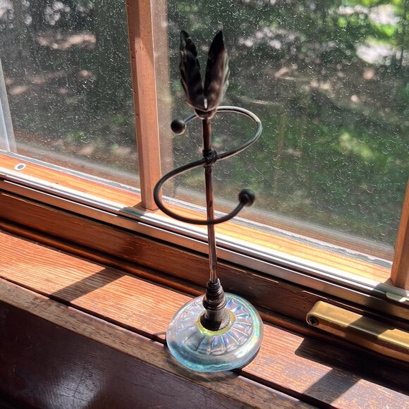 Vtg One-of-a-Kind Metal Earring Holder/Candlestick w/Pale Blue Carved Glass Base - Picture 2 of 10